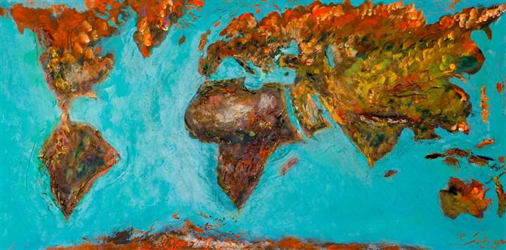 Peinture abstraite mappemonde turquoise et ocre — Abdel Hakim Hassainate