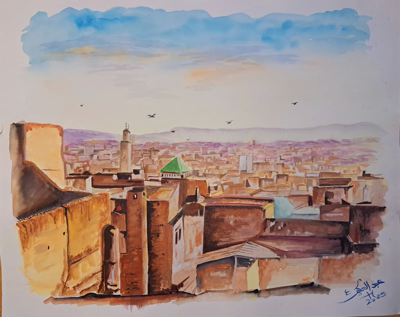 Aquarelle médina marocaine vue sur les toits — Abdel Hakim Hassainate