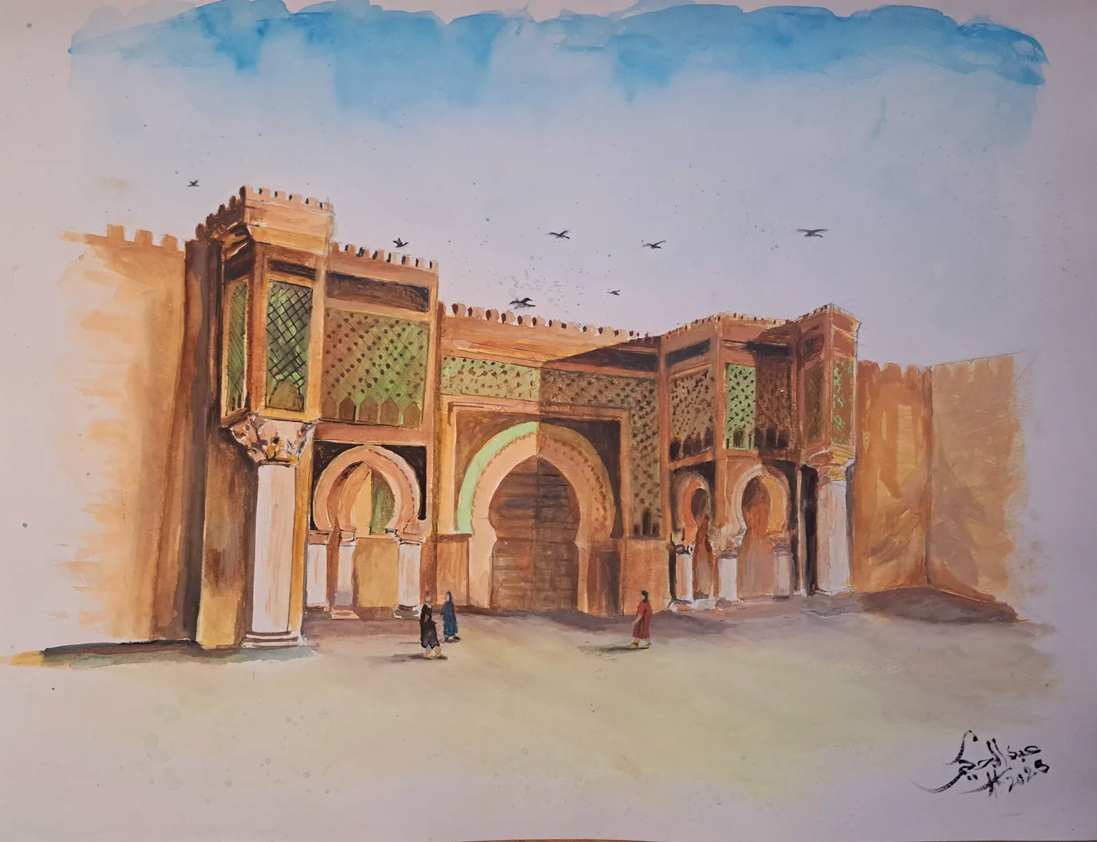 Aquarelle porte monumentale marocaine — Abdel Hakim Hassainate