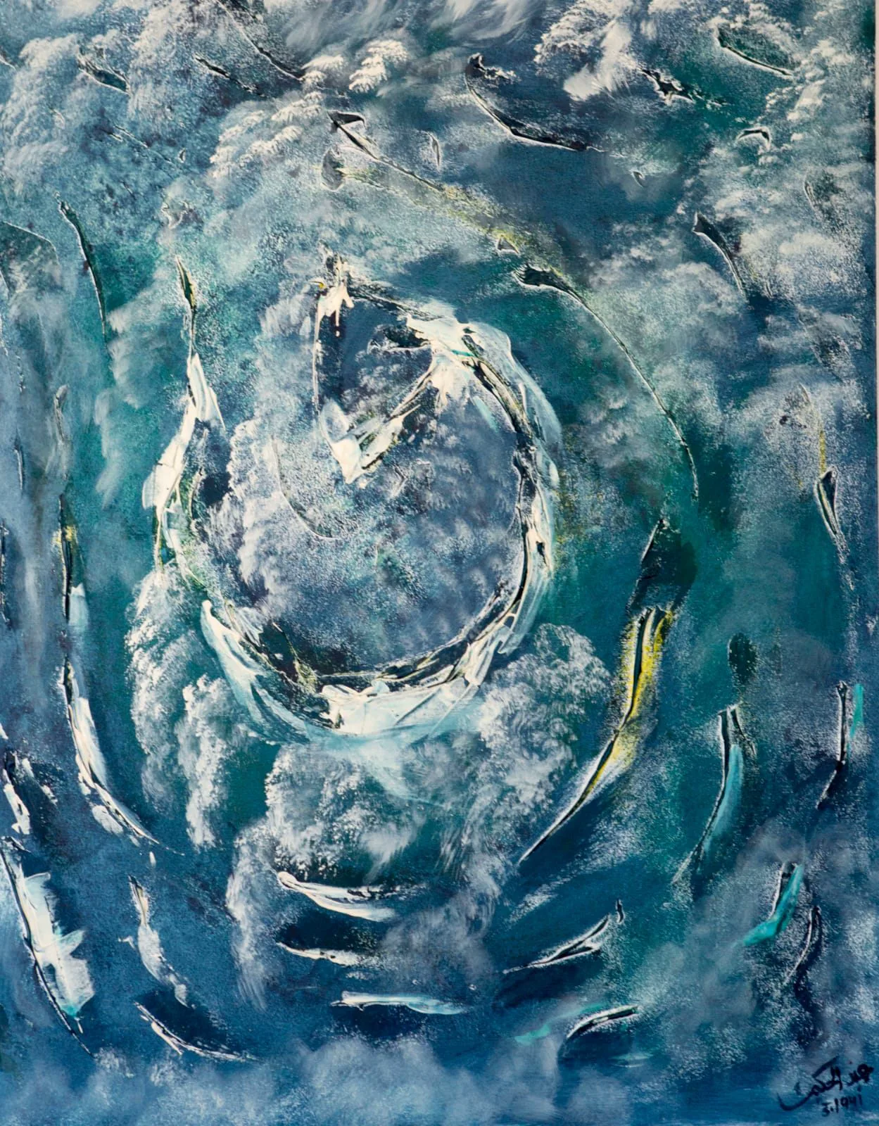 Peinture abstraite bleue spirale et matière blanche — Abdel Hakim Hassainate