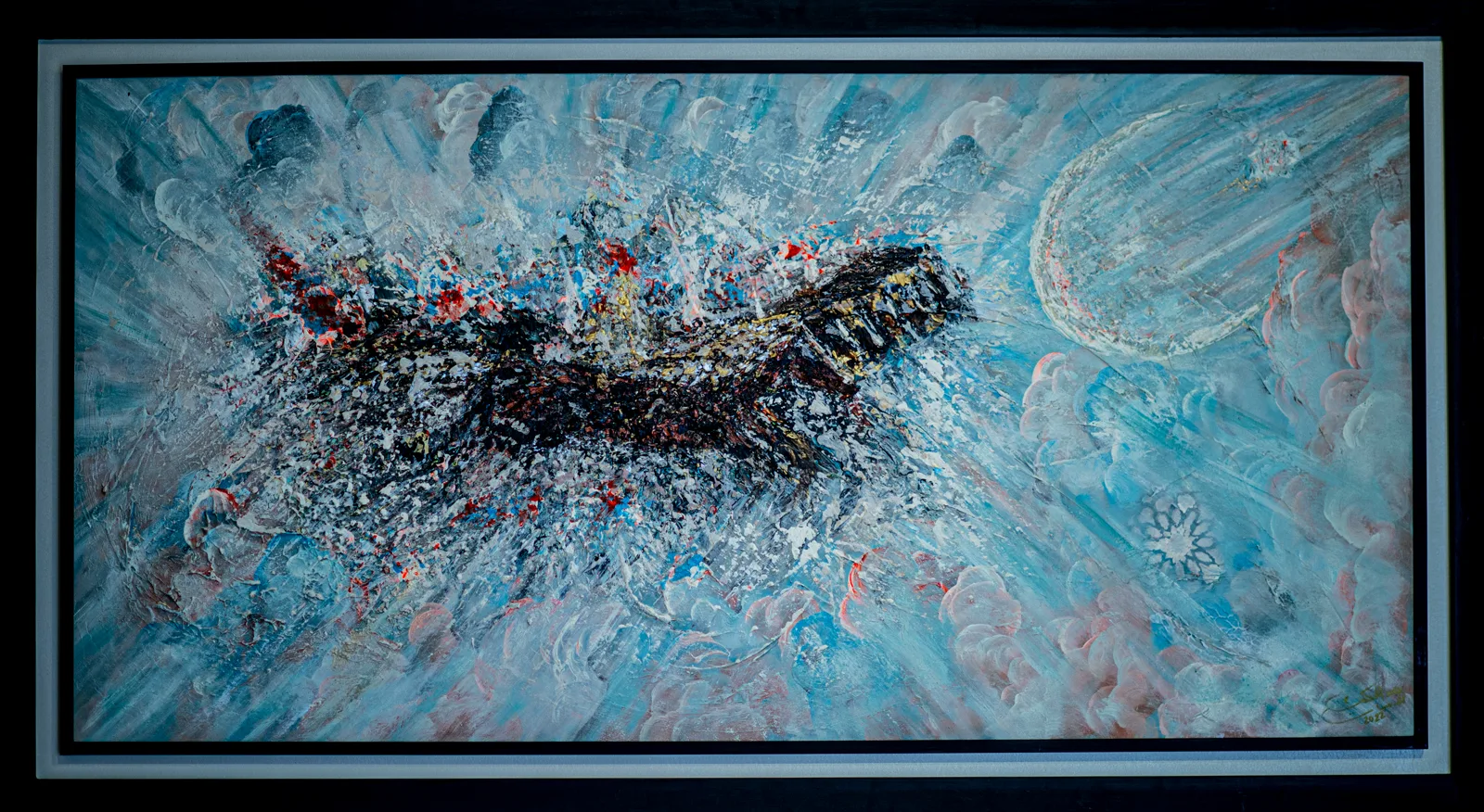 Peinture abstraite bleue traces noires et matière lumineuse — Abdel Hakim Hassainate