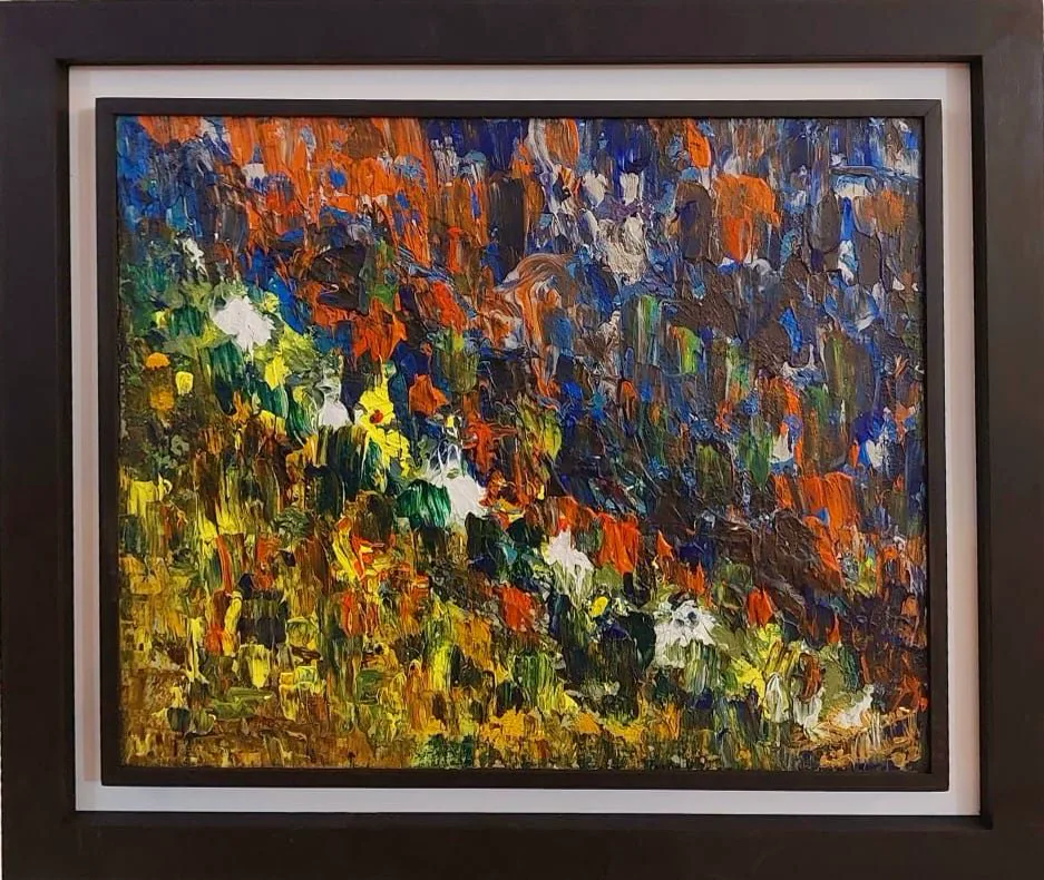 Peinture abstraite colorée encadrée explosion florale — Abdel Hakim Hassainate