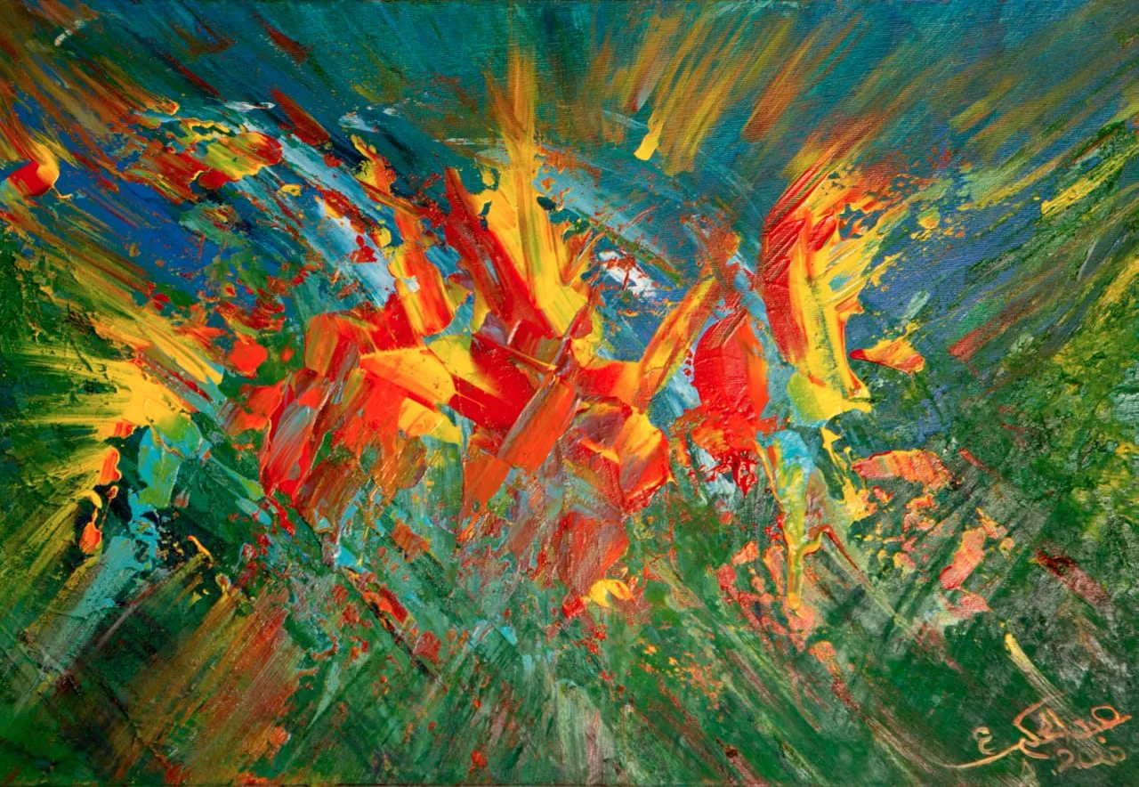 Peinture abstraite explosion rouge jaune verte — Abdel Hakim Hassainate
