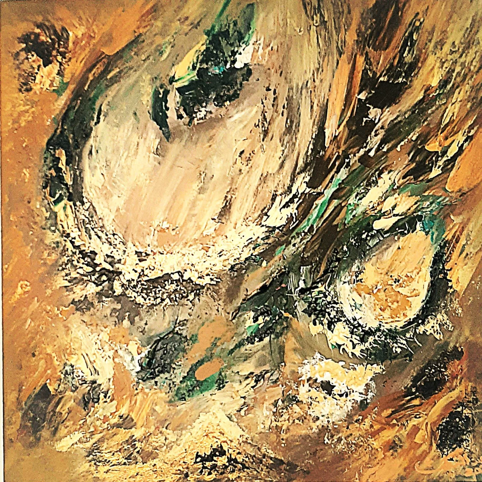 Peinture abstraite ocre verte traces et matière — Abdel Hakim Hassainate