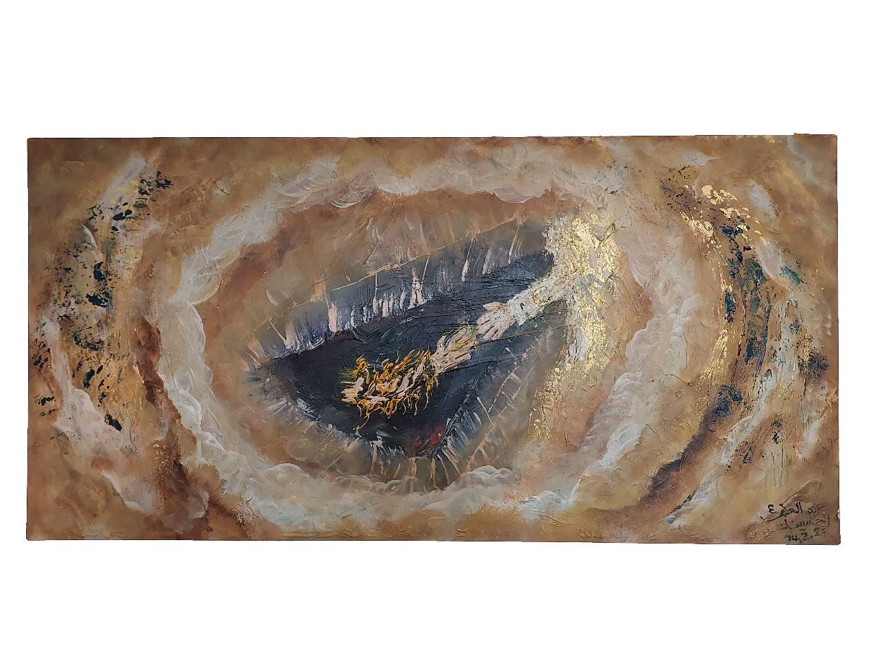 Peinture abstraite œil ocre bleu et matière dorée — Abdel Hakim Hassainate