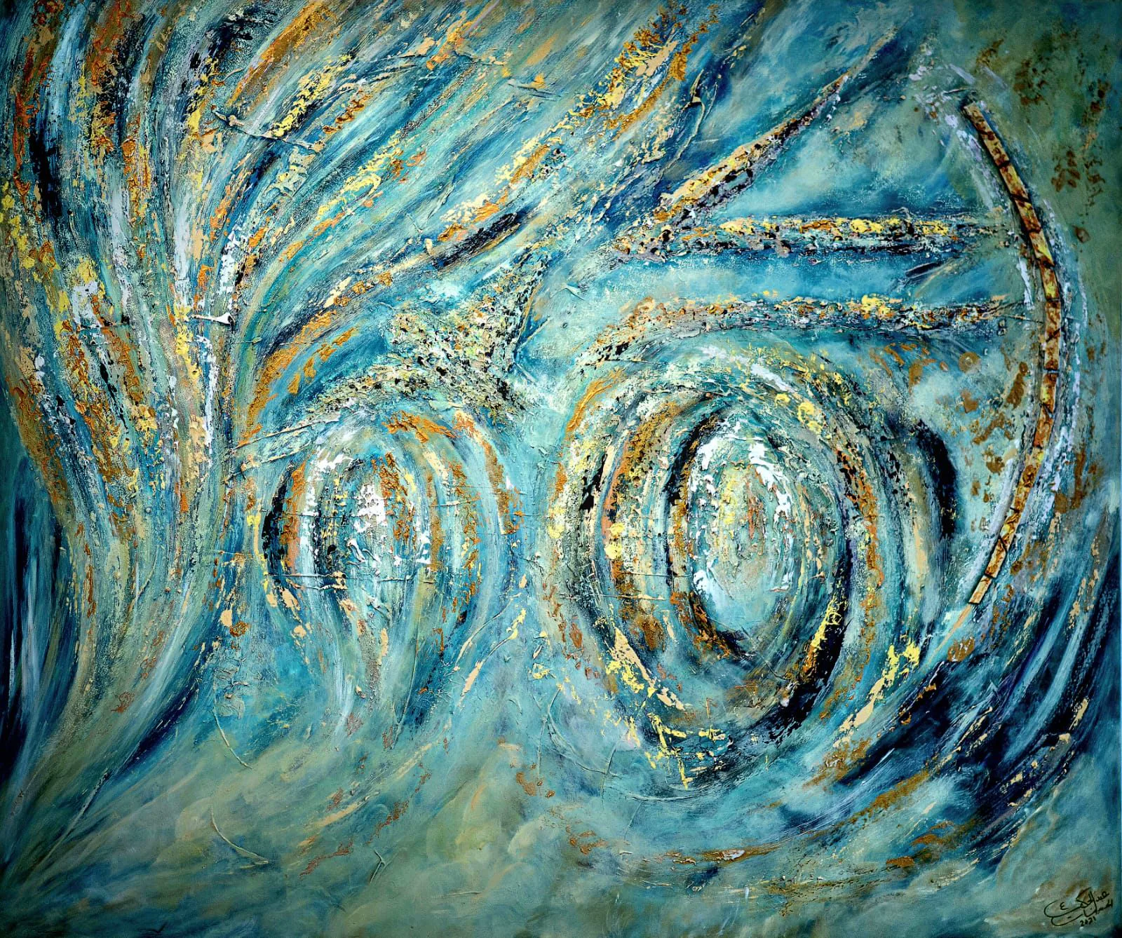 Peinture abstraite spirales bleues et or texture dorée — Abdel Hakim Hassainate