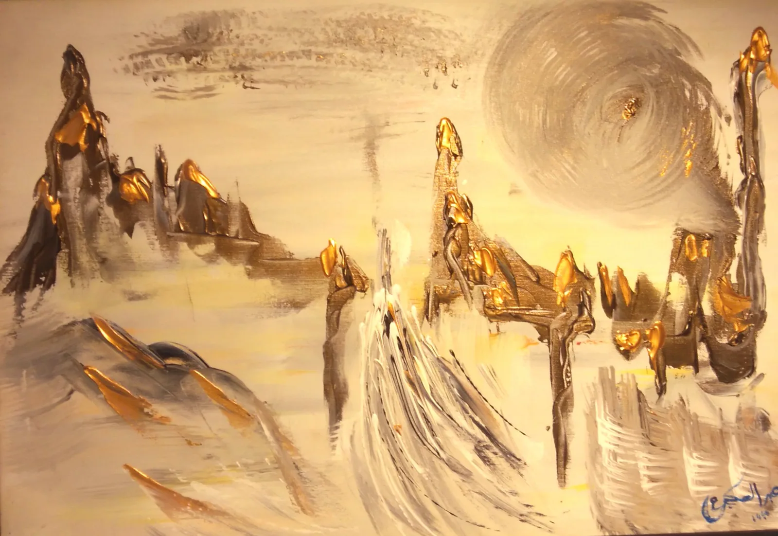 Peinture paysage imaginaire doré silhouettes et lumière — Abdel Hakim Hassainate