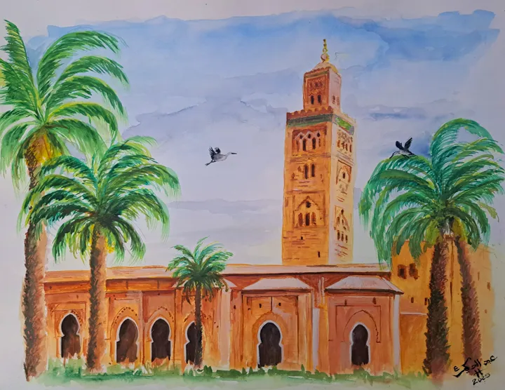 Aquarelle architecture marocaine minaret et palmiers — Abdel Hakim Hassainate