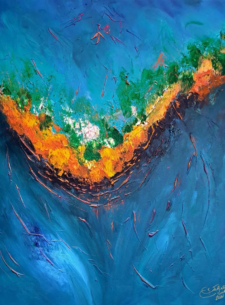 Peinture abstraite bleue orange forme émergente — Abdel Hakim Hassainate