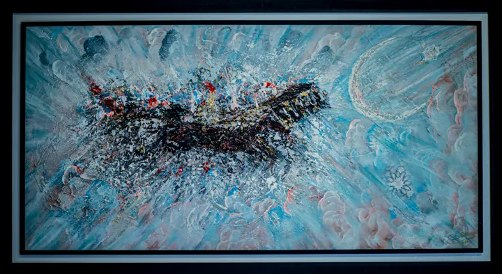 Peinture abstraite bleue traces noires et matière lumineuse — Abdel Hakim Hassainate