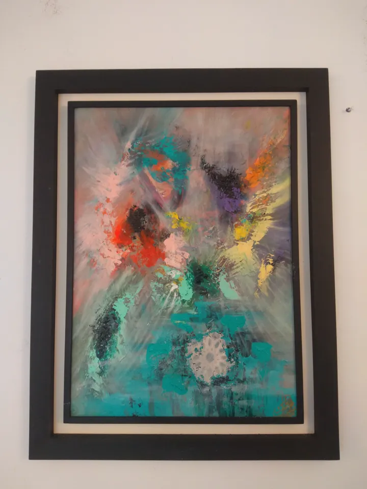 Peinture abstraite encadrée turquoise rouge et gris — Abdel Hakim Hassainate