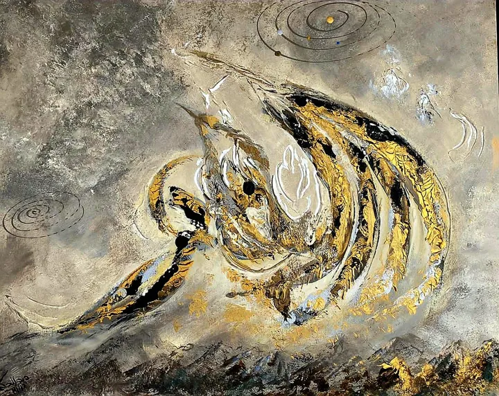 Peinture abstraite gris or calligraphie et mouvement — Abdel Hakim Hassainate