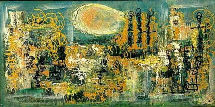 Peinture abstraite jaune et verte astre lumineux — Abdel Hakim Hassainate