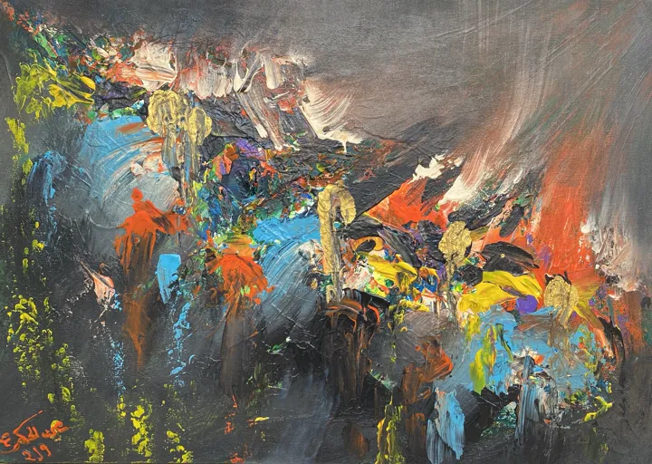 Peinture abstraite sombre éclats bleus jaunes rouges — Abdel Hakim Hassainate