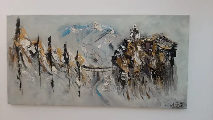 Peinture paysage montagne hiver spatule blanc noir or — Abdel Hakim Hassainate